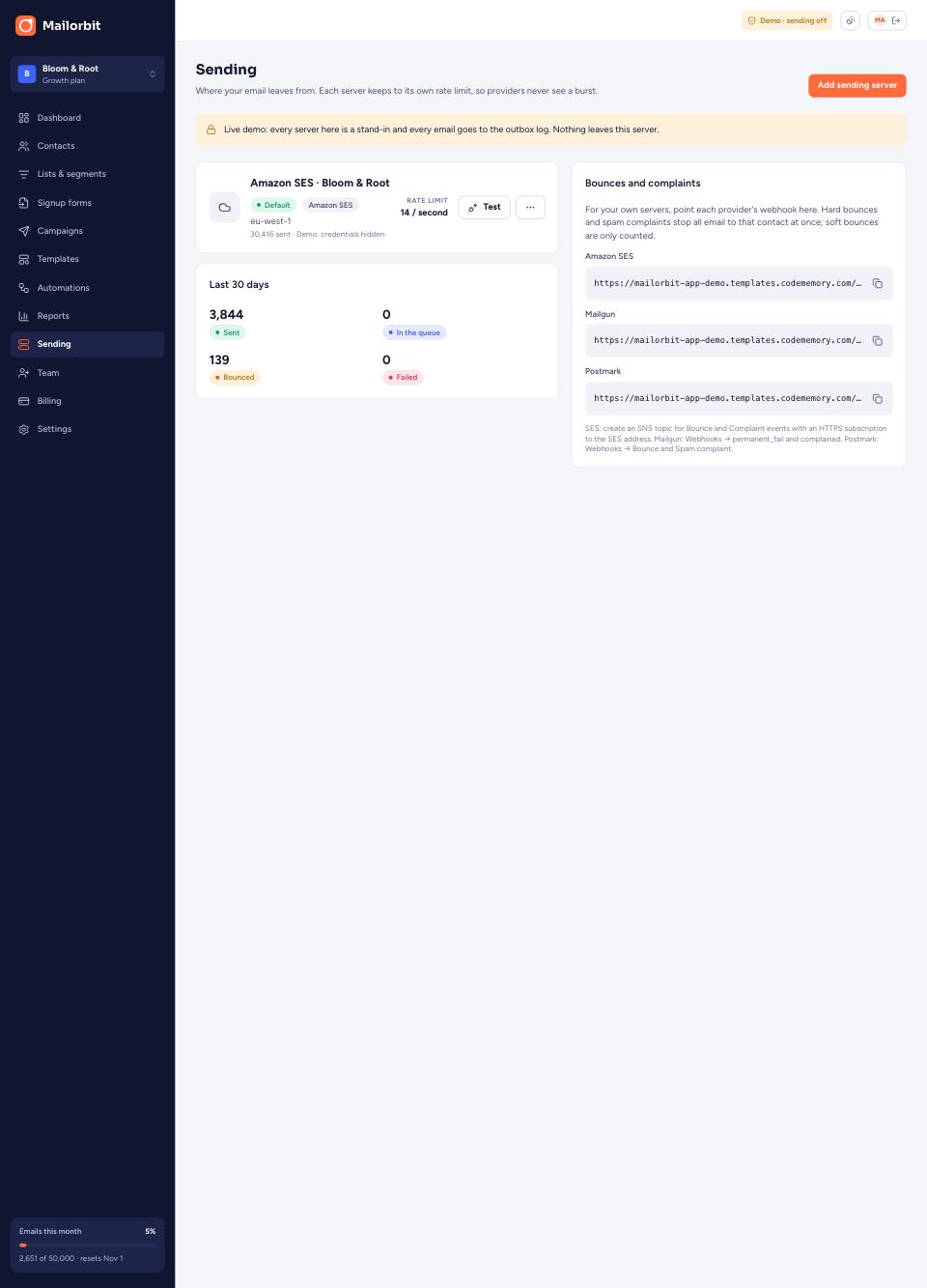 Sending servers page