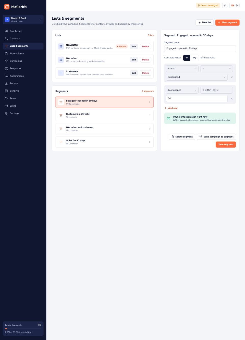 Lists and segments page