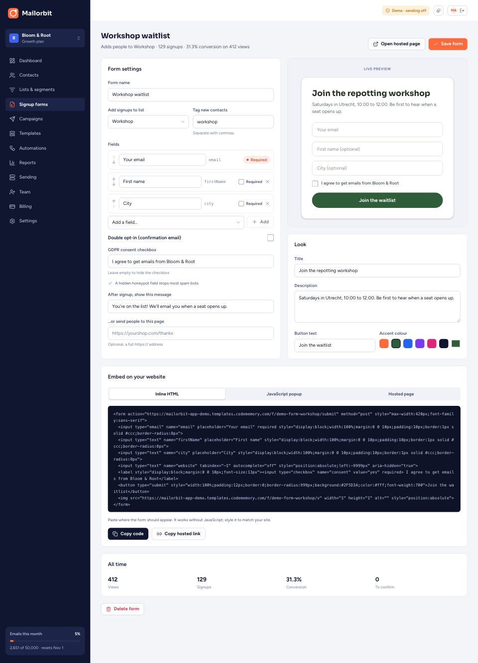 Signup form page