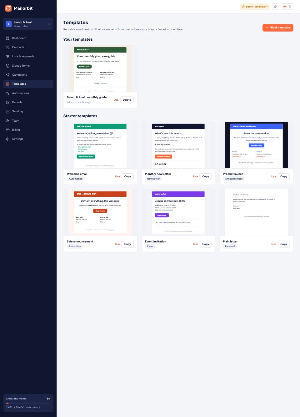 Templates page