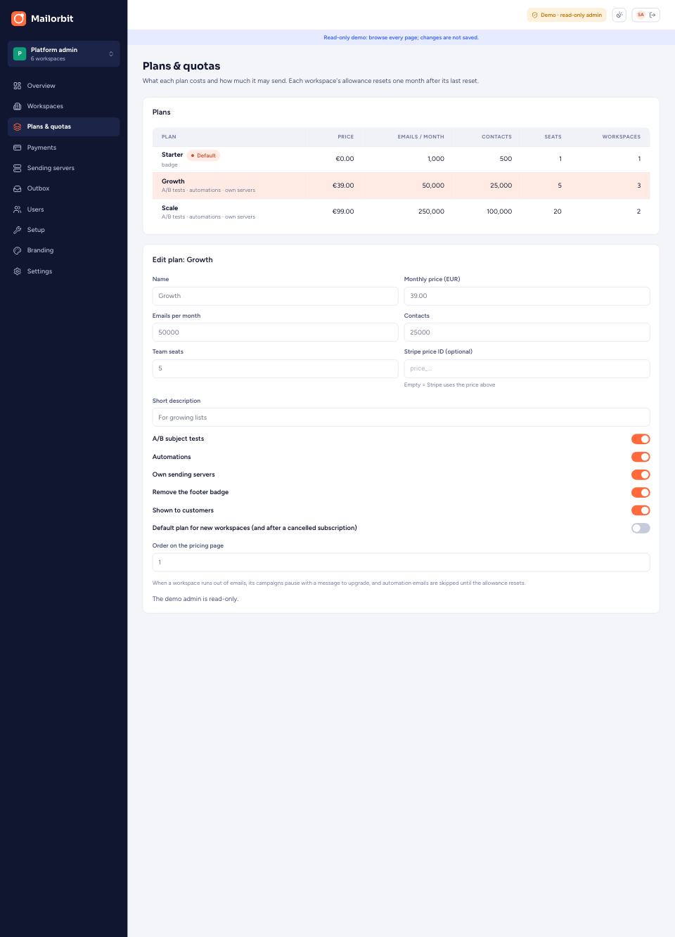 Plans and quotas page
