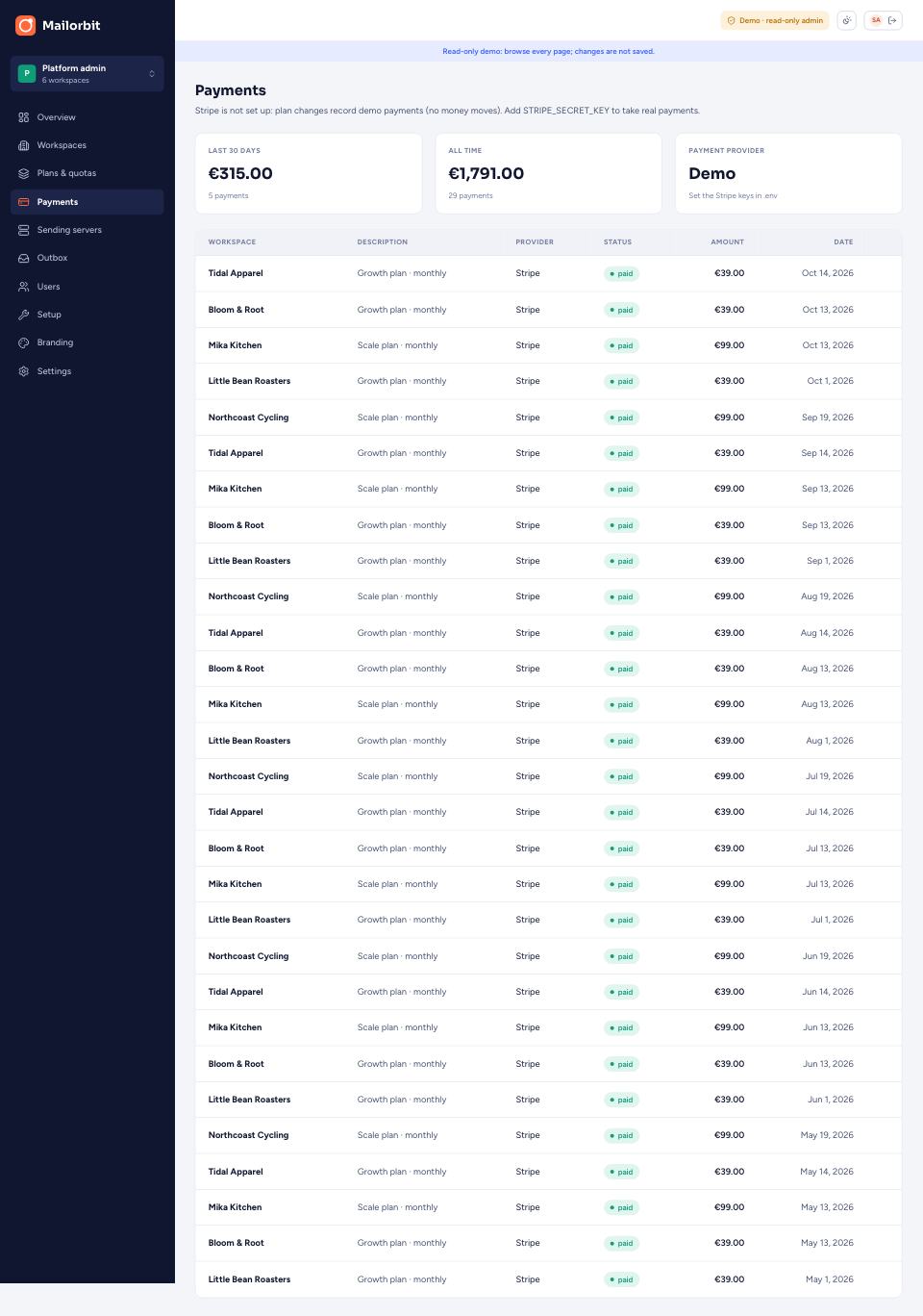 Payments page