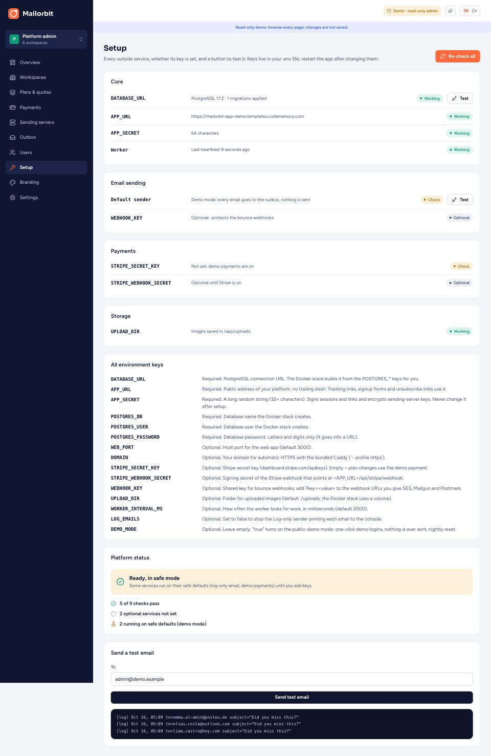 Setup and key tests page